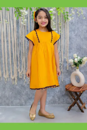 BownBee Girls Round Neck Cap Sleeves Lace Inserts Pure Cotton A-Line Dress