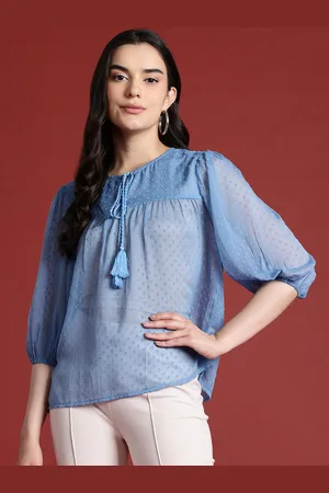 all about you Dobby Woven Tie-Up Neck Puff Sleeve Top