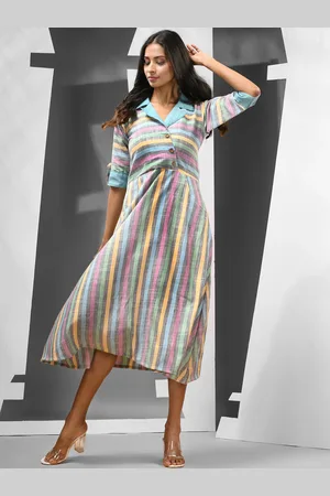 Charukriti Striped Shirt Collar Roll-Up Sleeves Cotton A-Line Dress