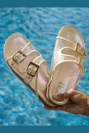 CAÏ Women Textured Open Toe Irridescent Sliders