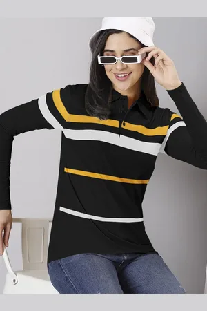 Eyebogler Women Striped Polo Collar Extended Sleeves Pockets T-shirt
