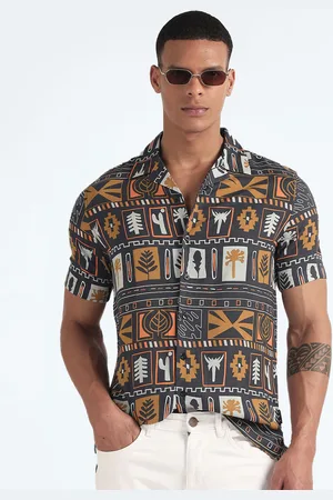 Flying Machine Geometric Printed Cuban Collar Short Sleeves Casual Shirt