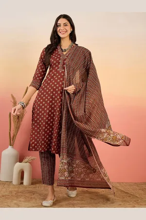 Sangria Floral Printed Pure Cotton V Neck Kurta With Trousers & Dupatta