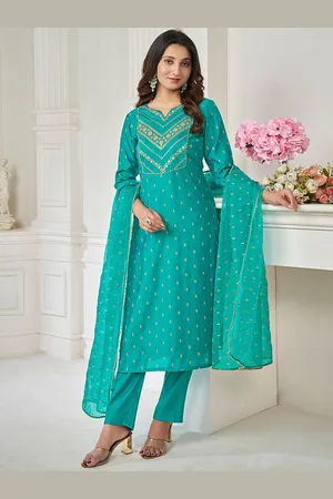 Inddus Women Ethnic Motifs Embroidered Regular Thread Work Chanderi Cotton Kurta with Trousers & With Dupatta