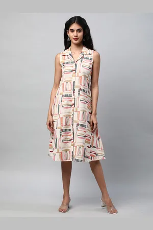 KAMI KUBI Abstract Printed Shirt Collar Cotton A-Line Midi Dress With Pocket