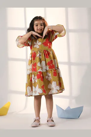 Vastramay Girls Floral Printed Square Neck Tiered Cotton Schiffli Empire Dress