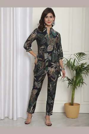 Claura Navy Blue Floral Printed Mandarin Collar Top With Trouser