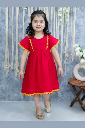 BownBee Girls Round Neck Cap Sleeves Lace Inserts Pure Cotton A-Line Dress
