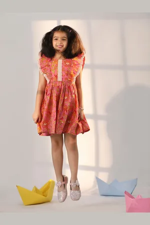 Vastramay Girls Floral Printed Sleeveless Ruffles Detail Cotton Fit and Flare Dress