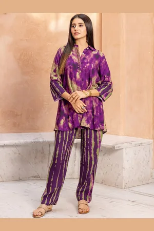 Ambraee Tie & Dye Shirt Collar Tunic With Trouser