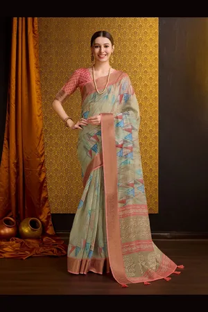 Mitera Beige Geometric Printed Zari Pure Cotton Saree