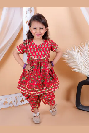 BownBee Girls Floral Printed Gotta Patti Pure Cotton Anarkali Kurta With Dhoti Pants