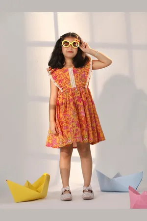 Vastramay Girls Floral Printed Batwing Sleeves Lace Inserts Fit & Flare Dress