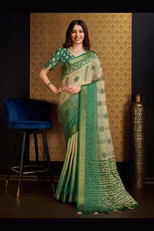 Mitera Green Floral Printed Zari Pure Silk Saree