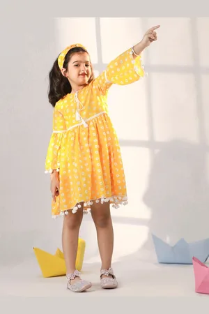 Vastramay Girls Printed Tie-Up Neck Bell Sleeves Pom-Pom Detail Cotton Fit & Flare Dress