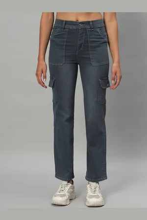 Broowl Women Classic Straight Fit High-Rise Clean Look Cargo Stretchable Jeans