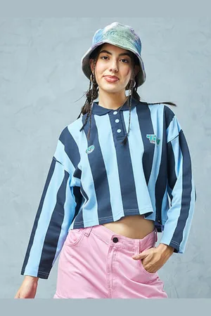 Bewakoof Striped Polo Collar Drop-Shoulder Sleeves Crop Oversized Pure Cotton T-shirt