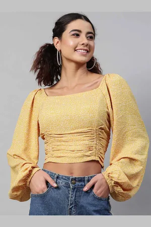 STREET 9 Women Yellow & White Floral Fringed Georgette Regular Crop Top