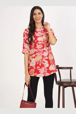 Kalini Floral Printed Mandarin Collar Roll-Up Sleeves Shirt Style Top
