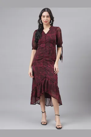 Latin Quarters Ethnic Motifs Printed Puff Sleeve Ruched A-Line Midi Dress