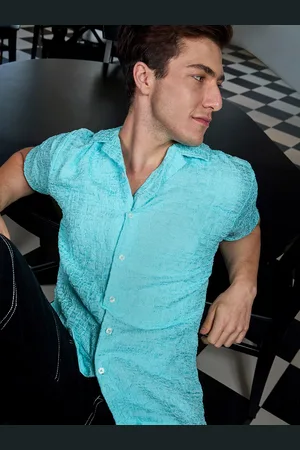 Campus Blue Classic Textured Cuban Collar Short Sleeves Casual Shirt