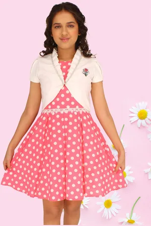 CUTECUMBER Girls Polka Dot Print Round Neck Short Sleeves Georgette Fit & Flare Dress