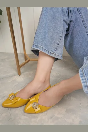 DressBerry Yellow Pointed Toe Bow Detailed Ballerinas