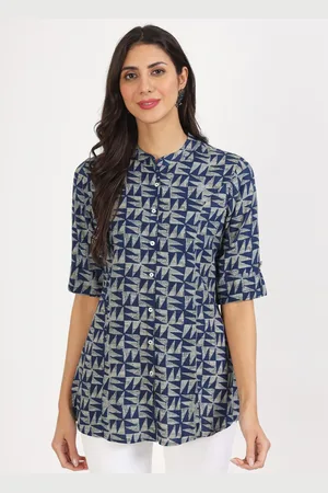 Kalini Geometric Printed Mandarin Collar Roll-Up Sleeves Shirt Style Top