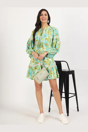 Kalini Floral Printed Tie-Up Neck Puff Sleeve A-Line Dress