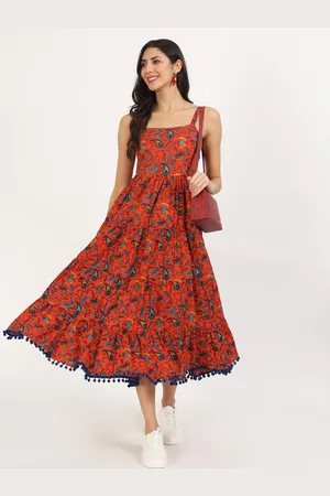 Kalini Floral Print with Pom-Pom Detail Fit & Flare Midi Dress