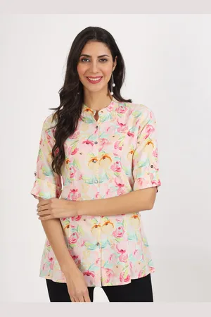 Kalini Floral Printed Mandarin Collar Roll-Up Sleeves Shirt Style Top