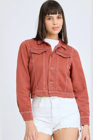FREAKINS Spread Collar Pure Cotton Crop Denim Jacket
