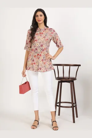 Kalini Floral Printed Mandarin Collar Roll-Up Sleeves Shirt Style Top
