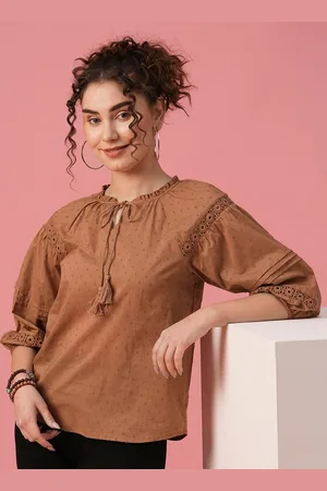 Globus Self Design Tie-Up Neck Bishop Sleeves Lace Insert Top