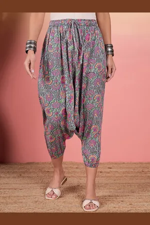InWeave Women Kantha Floral Jaal Printed Mid-Rise Cropped Harem Pants