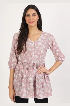 Kalini Floral Printed V-Neck Gathered Cotton Peplum Top