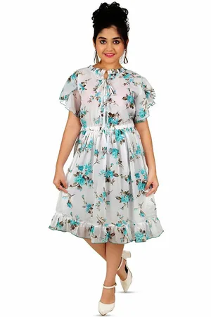BAESD Girls Floral Printed Tie-Up Neck Georgette Fit & Flare Midi Dress
