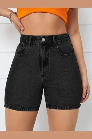 Aahwan Women Slim Fit High-Rise Cotton Denim Shorts