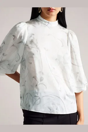 Ted Baker Floral Print Mandarin Collar Puff Sleeve Shirt Style Longline Top