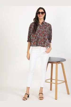 Kalini Floral Printed Cuffed Sleeves Cotton Shirt Style Top
