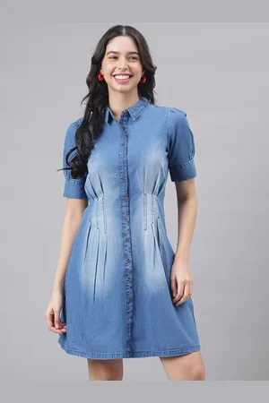 Latin Quarters Puff Sleeves Pleated Denim Shirt Dress