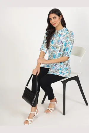 Kalini Floral Printed Mandarin Collar Roll-Up Sleeves Shirt Style Top