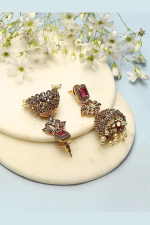 Biba Gold-Plated Artificial Stones Studded Contemporary Jhumkas Earrings