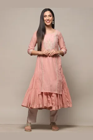 Biba Floral embroidered Beaded Pure Cotton Straight Kurta With Slip
