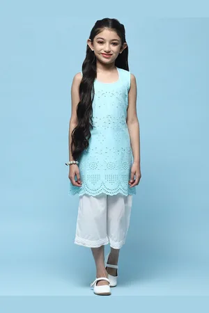 Biba Girls Self Design Round Neck Scalloped Pure Cotton Straight Kurta with Palazzos