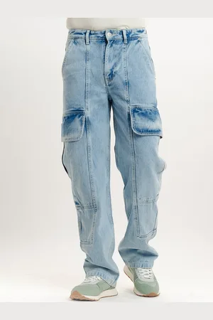 FREAKINS Men Straight Fit Mid Rise Clean Look Light Fade Pure Cotton Cargo Jeans