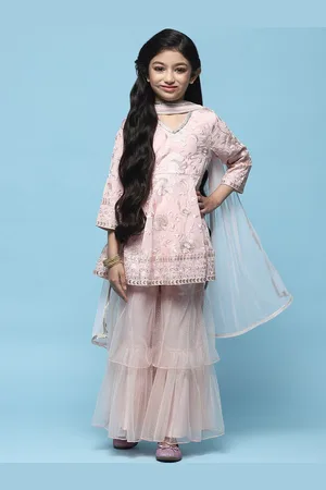 Biba Girls Floral Embroidered Thread Work Kurta with Sharara & With Dupatta