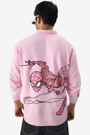 The Souled Store Pink & White Spider-Man Printed Polo Collar Pure Cotton Oversized T-shirt