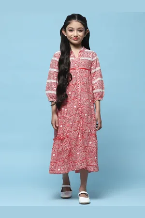Biba Girls Floral Print Mandarin Collar Three-Quarter Puff Sleeve Cotton A-Line Midi Dress