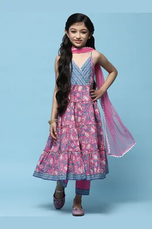 Biba Girls Floral Printed Shoulder Straps Angrakha Kurta with Palazzos & With Dupatta